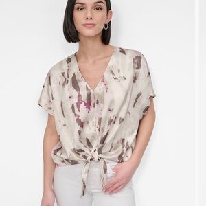 Dkny Women's V-Neck Tie-Front Scarf Twill Top